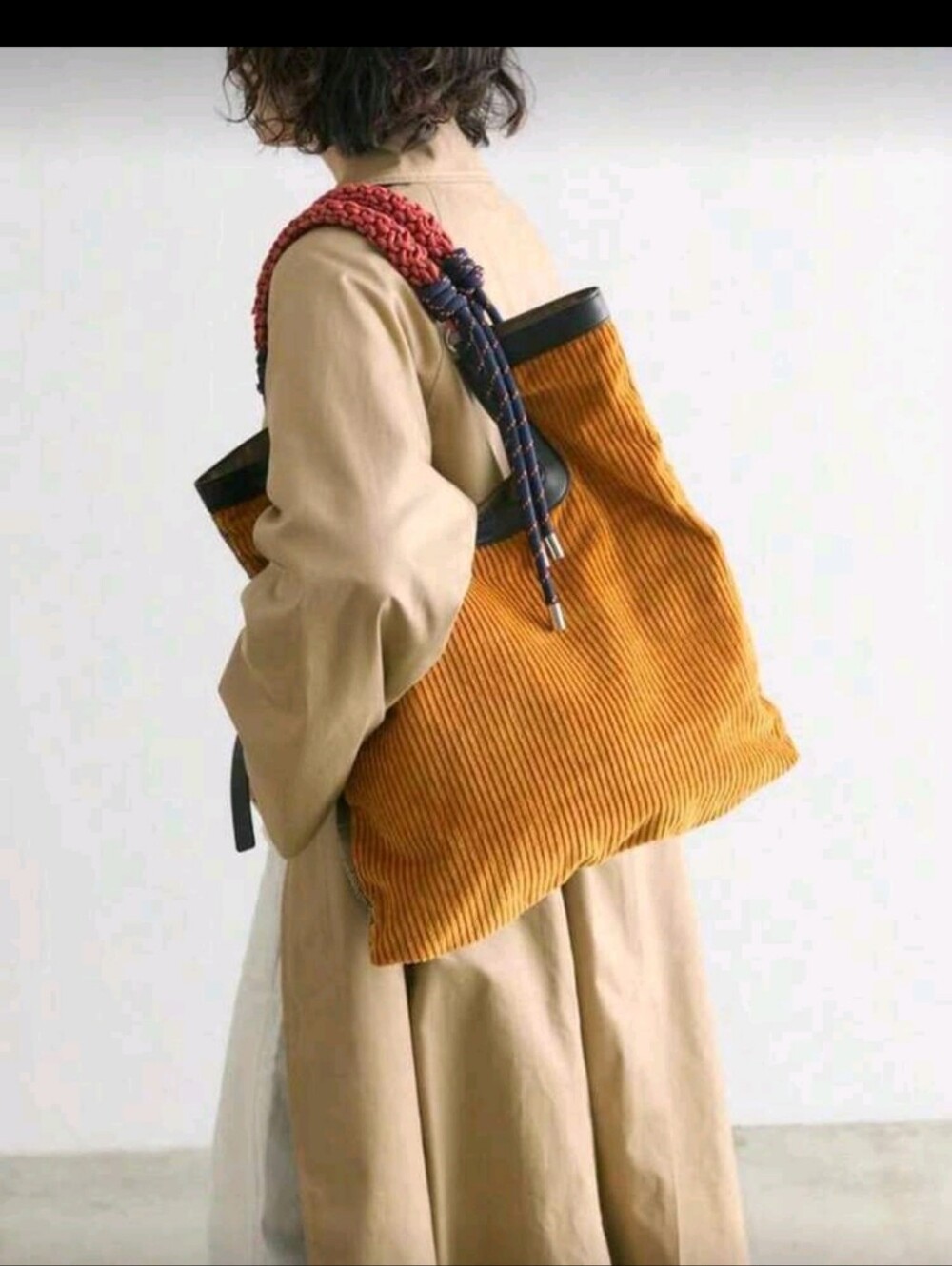 Corduroy Tote Bag with Navy Rope Strap - Mustard - Picture 3 of 5